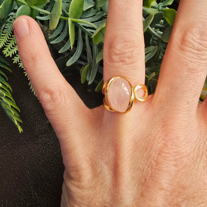 Bague réglable "Dorée" n°2 - Quartz rose - Argent plaqué or 925