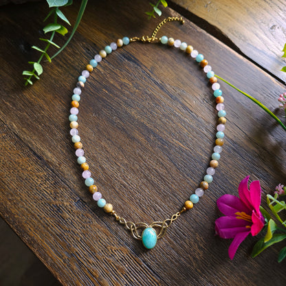 Collier "Valkyria" en Amazonite, Quartz rose et Agate crazy lace