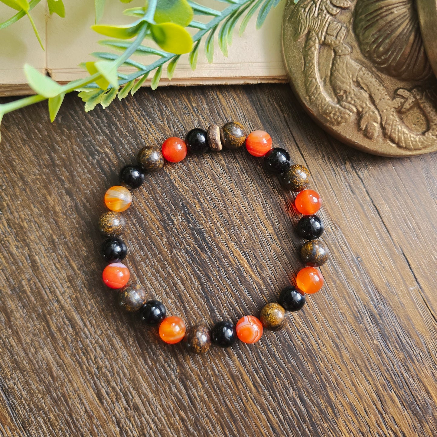 Bracelet Feu - Force vitale - Cornaline, Obsidienne noire et Bronzite