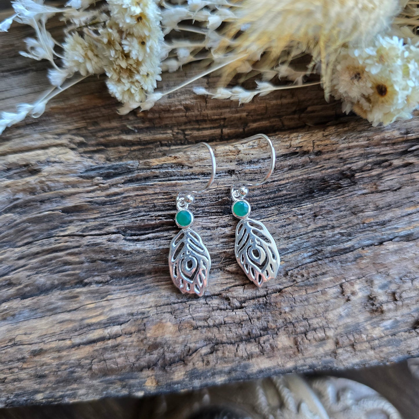 Boucles d'oreilles en Onyx vert - plume - Argent 925