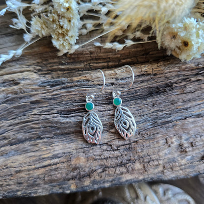 Boucles d'oreilles en Onyx vert - plume - Argent 925