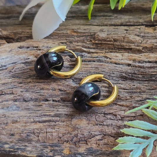 Boucles d'oreilles dorées en Agate rubanée - Donuts