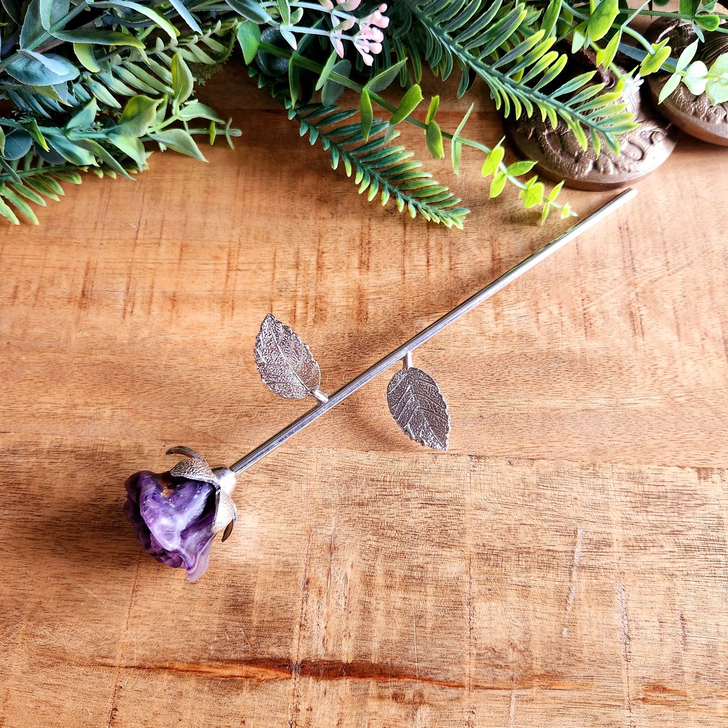 Rose en Améthyste - tige argentée