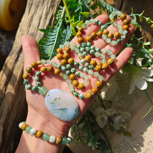 Mala Terre - Ancrage profond - Bois fossile, Agate arbre et Aventurine verte - n°1