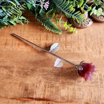 Rose en Quartz fraise - tige argentée