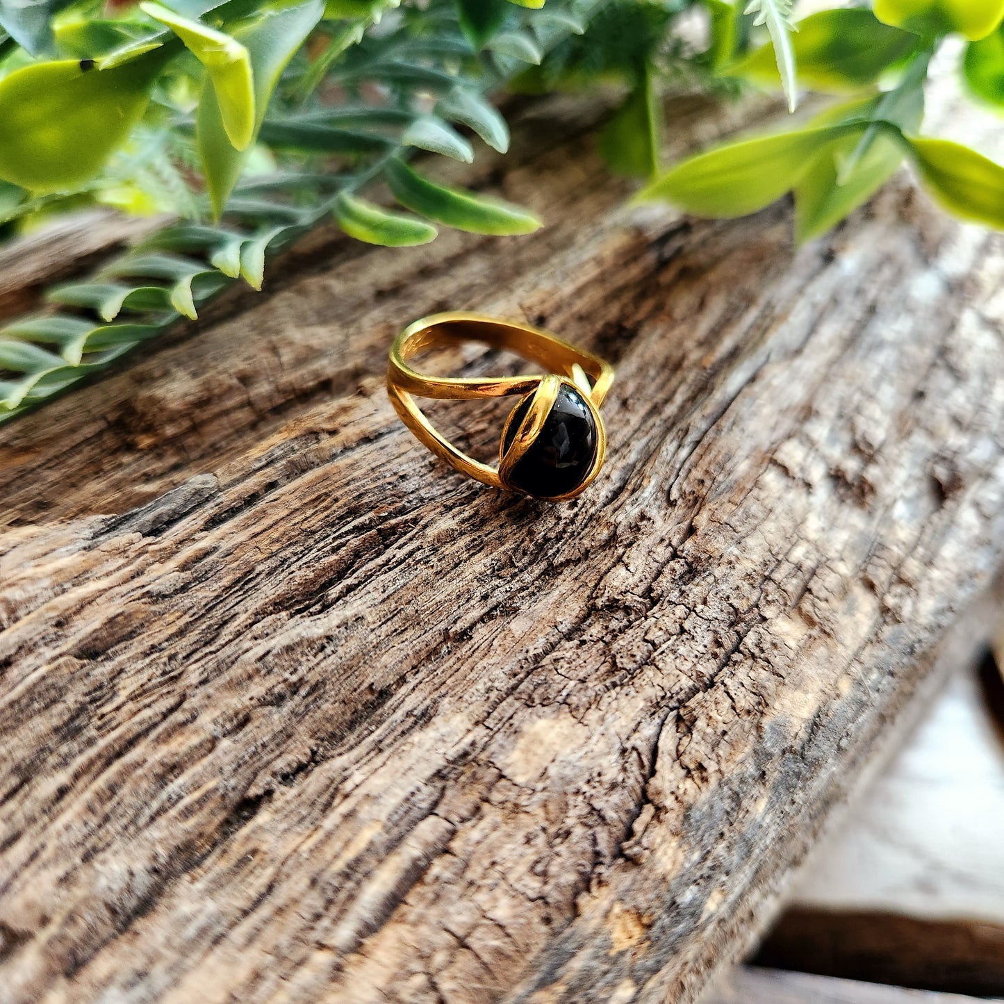 Bague réglable "Dorée" - Obsidienne noire - Argent plaqué or 925