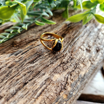 Bague réglable "Dorée" - Obsidienne noire - Argent plaqué or 925
