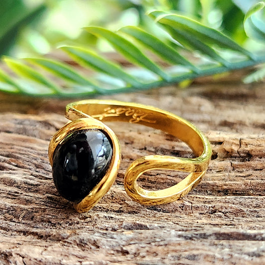 Bague réglable "Dorée" - Obsidienne noire - Argent plaqué or 925