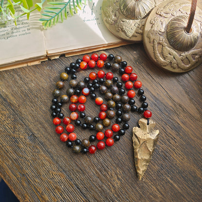 Mala Feu - Force vitale - Cornaline, Obsidienne noire et Bronzite - Pointe de flèche