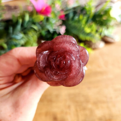 Rose en Quartz fraise - tige argentée