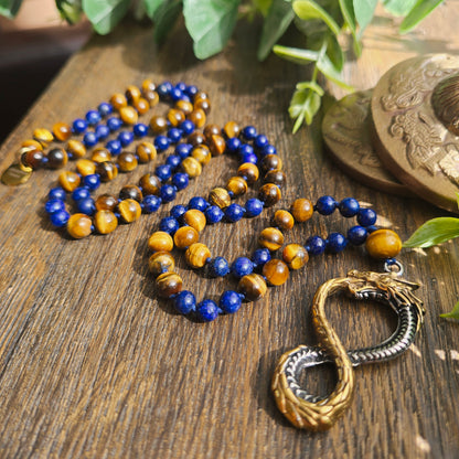 Mala Protection & Sagesse - Lapis-lazuli et Œil de tigre - Dragon