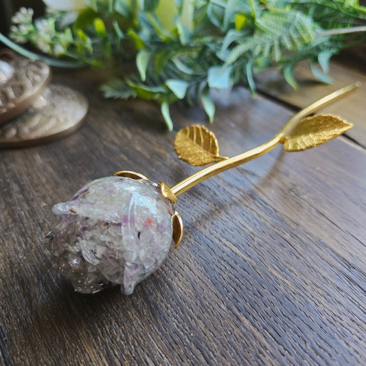 Rose en Fluorite n°2 - tige dorée