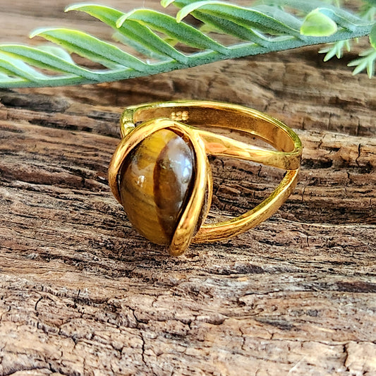 Bague réglable "Dorée" - Œil de tigre - Argent plaqué or 925