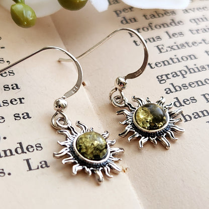 Boucles d'oreilles en Ambre vert - Soleil - Argent 925