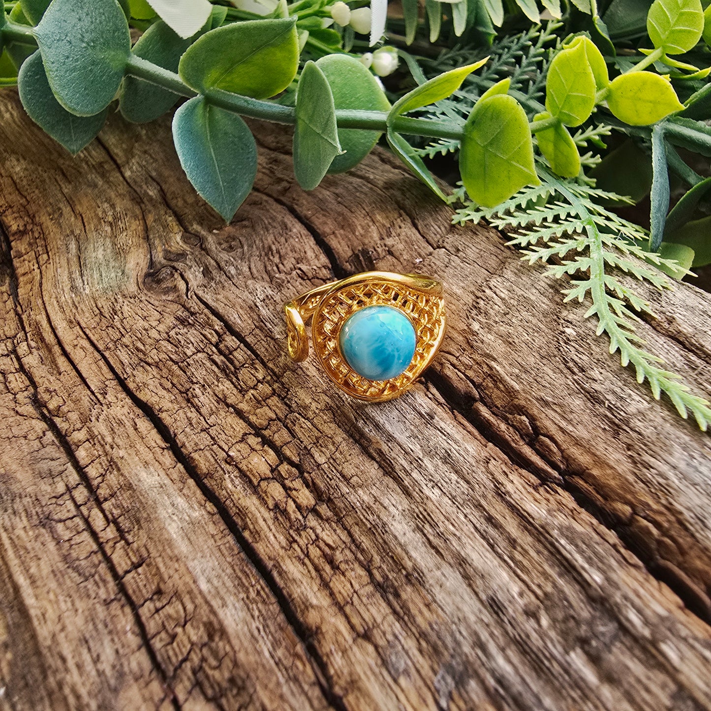 Bague réglable "Dorée" n°2 - Larimar - Argent plaqué or 925