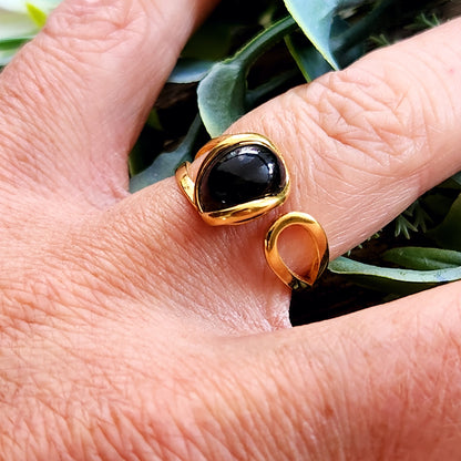 Bague réglable "Dorée" - Obsidienne noire - Argent plaqué or 925