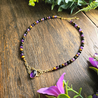 Collier "Valkyria" en Améthyste, Œil de tigre et Obsidienne noire