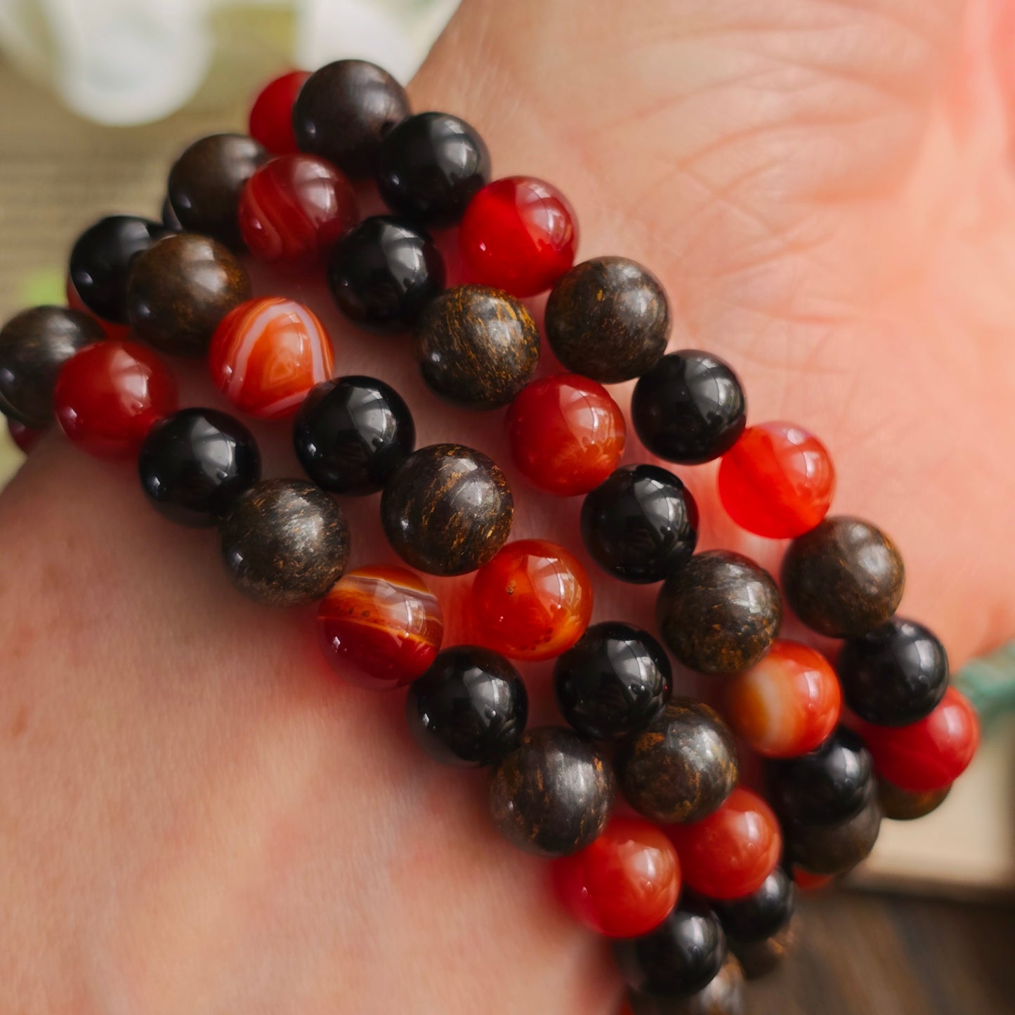 Bracelet Feu - Force vitale - Cornaline, Obsidienne noire et Bronzite