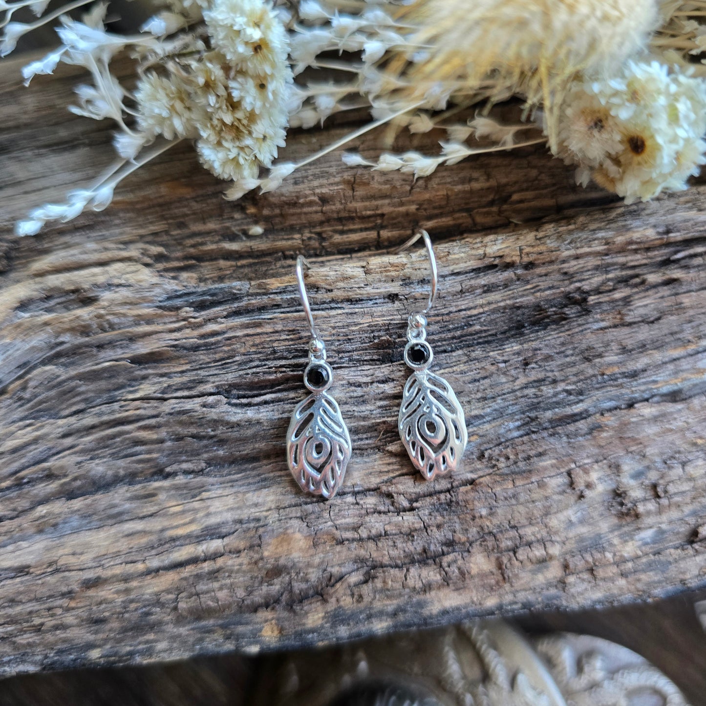 Boucles d'oreilles en Obsidienne noire - plume - Argent 925