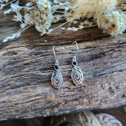 Boucles d'oreilles en Obsidienne noire - plume - Argent 925