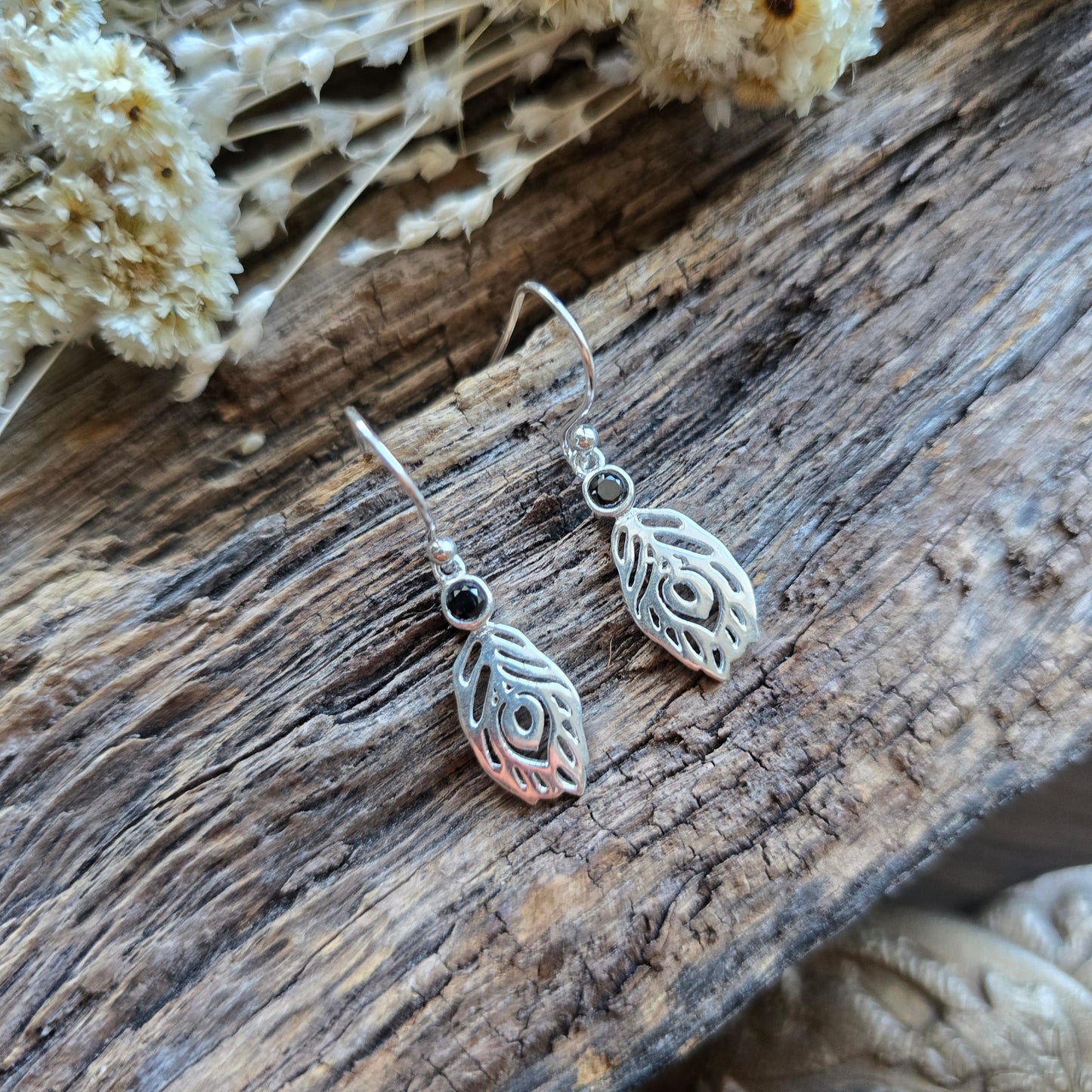 Boucles d'oreilles en Obsidienne noire - plume - Argent 925
