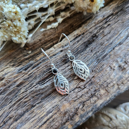 Boucles d'oreilles en Obsidienne noire - plume - Argent 925