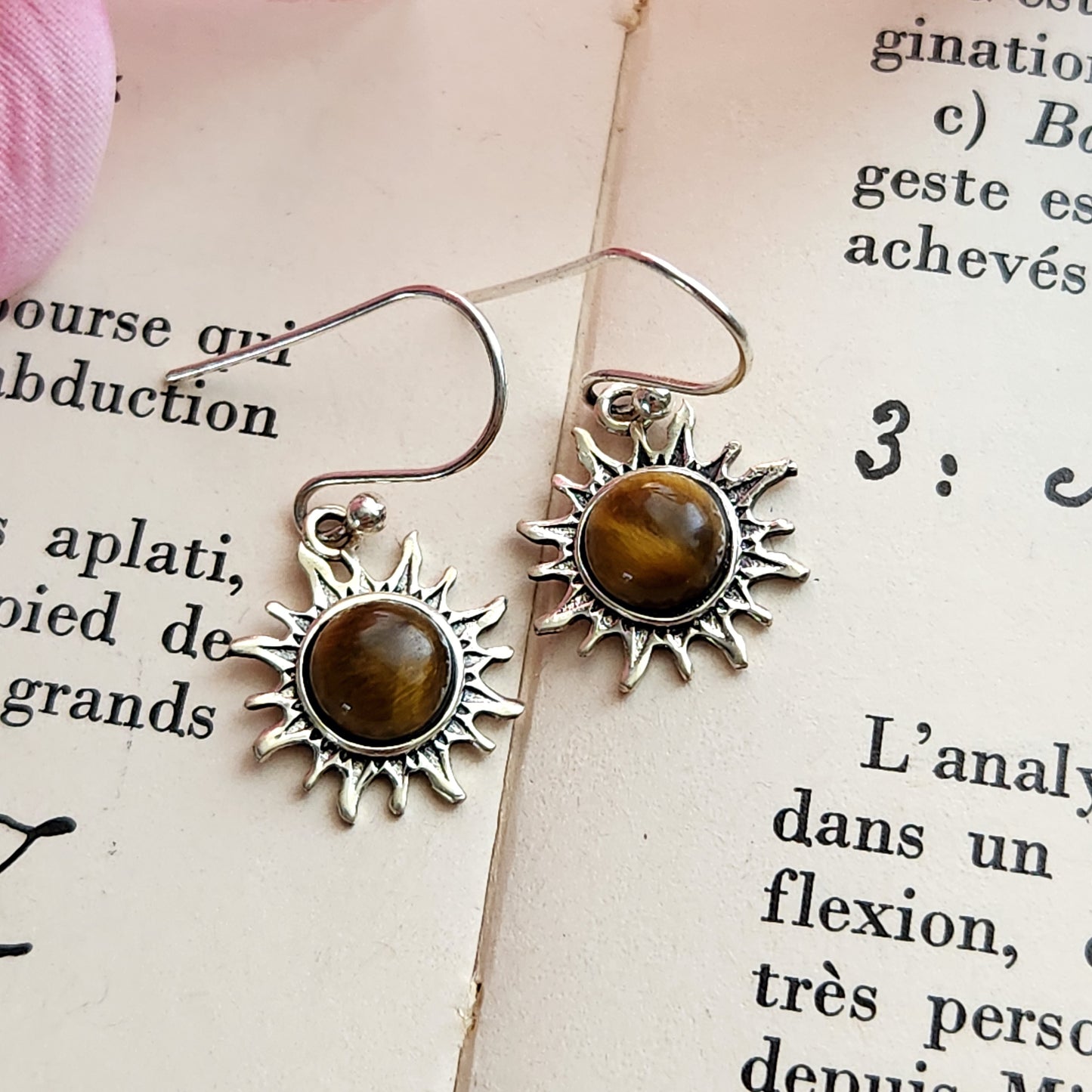 Boucles d'oreilles en Œil de tigre - Soleil - Argent 925