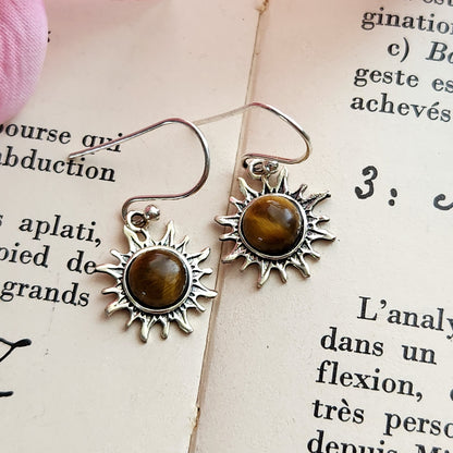 Boucles d'oreilles en Œil de tigre - Soleil - Argent 925