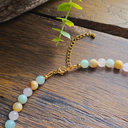 Collier "Valkyria" en Amazonite, Quartz rose et Agate crazy lace
