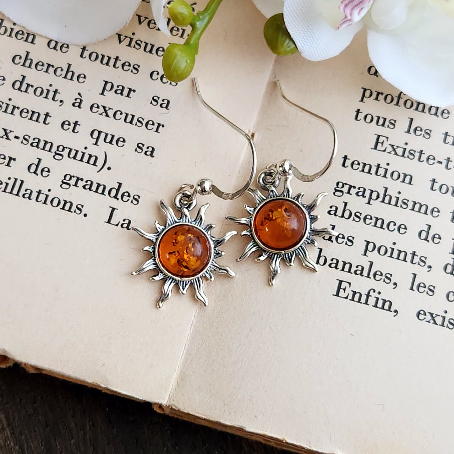 Boucles d'oreilles en Ambre cognac - Soleil - Argent 925