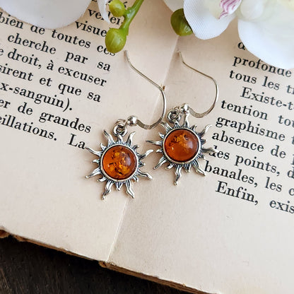 Boucles d'oreilles en Ambre cognac - Soleil - Argent 925