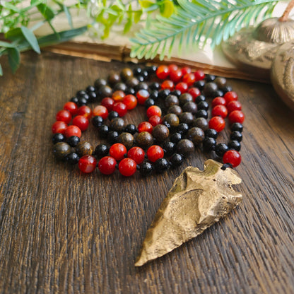 Mala Feu - Force vitale - Cornaline, Obsidienne noire et Bronzite - Pointe de flèche