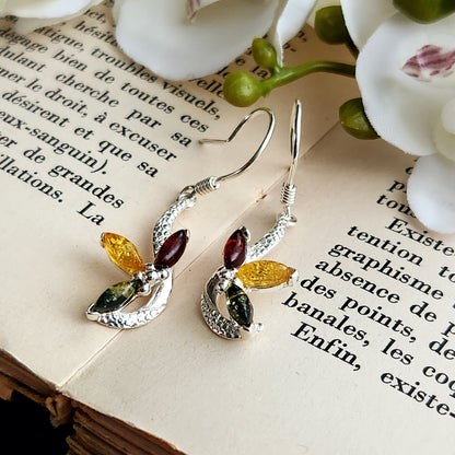 Boucles d'oreilles en Ambre "3 couleurs" - Fleur - Argent 925