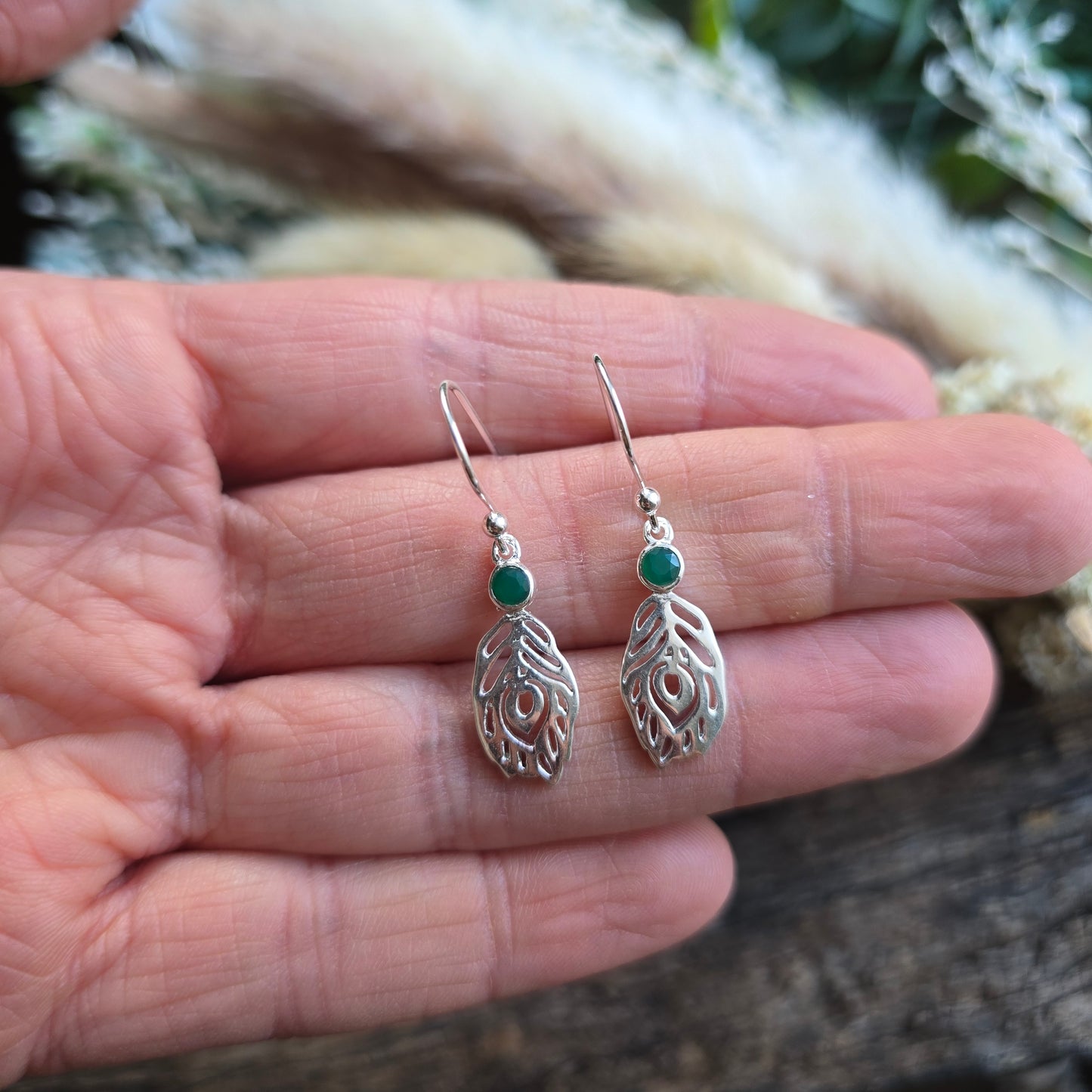 Boucles d'oreilles en Onyx vert - plume - Argent 925