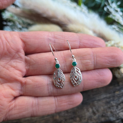 Boucles d'oreilles en Onyx vert - plume - Argent 925
