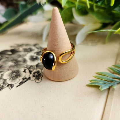 Bague réglable "Dorée" - Obsidienne noire - Argent plaqué or 925