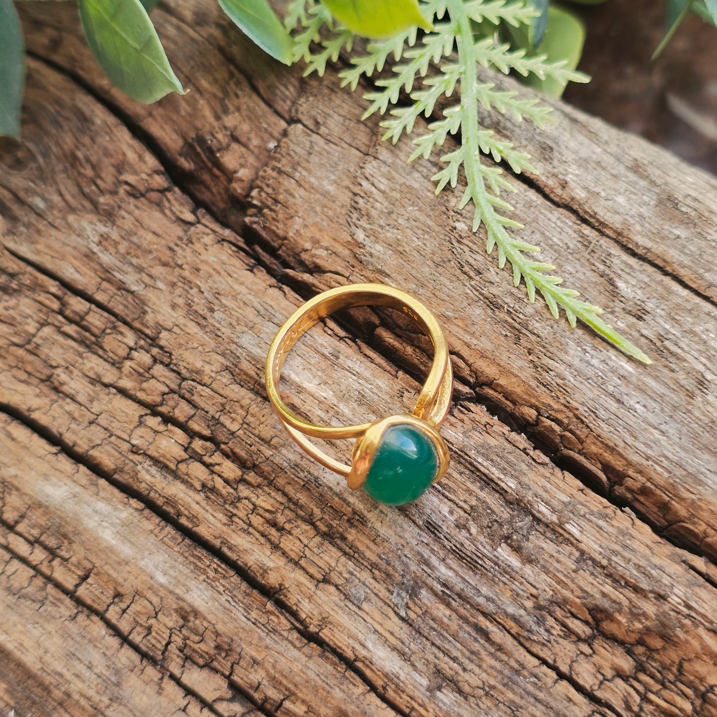 Bague réglable "Dorée" - Onyx vert - Argent plaqué or 925