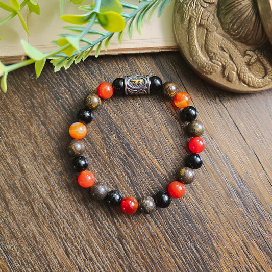 Bracelet Feu - Force vitale - Cornaline, Obsidienne noire et Bronzite
