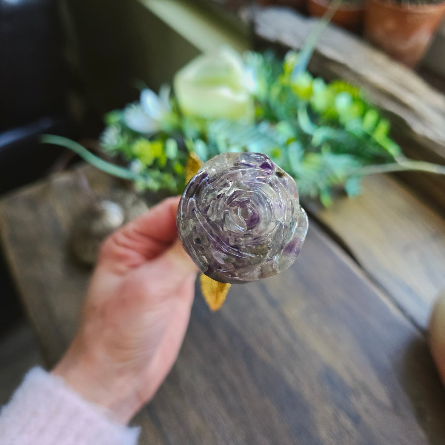 Rose en Fluorite n°1 - tige dorée