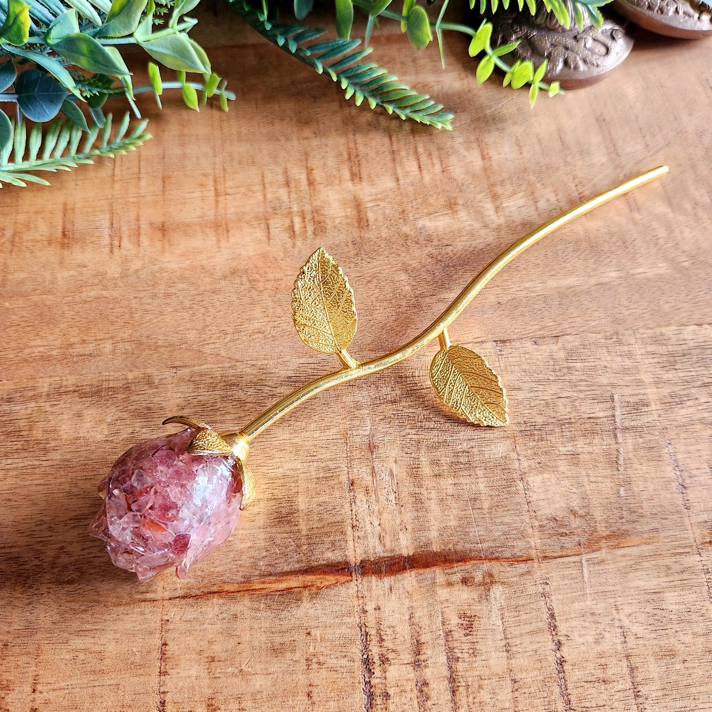 Rose en Quartz fraise- tige dorée