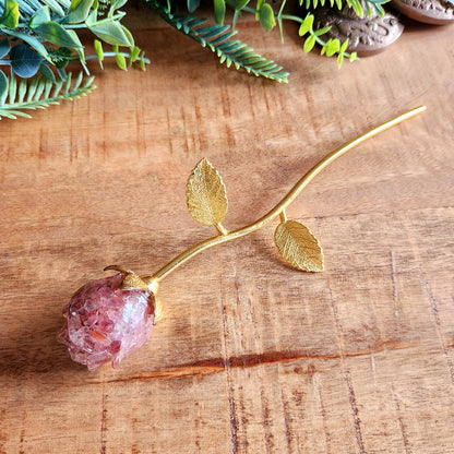 Rose en Quartz fraise- tige dorée