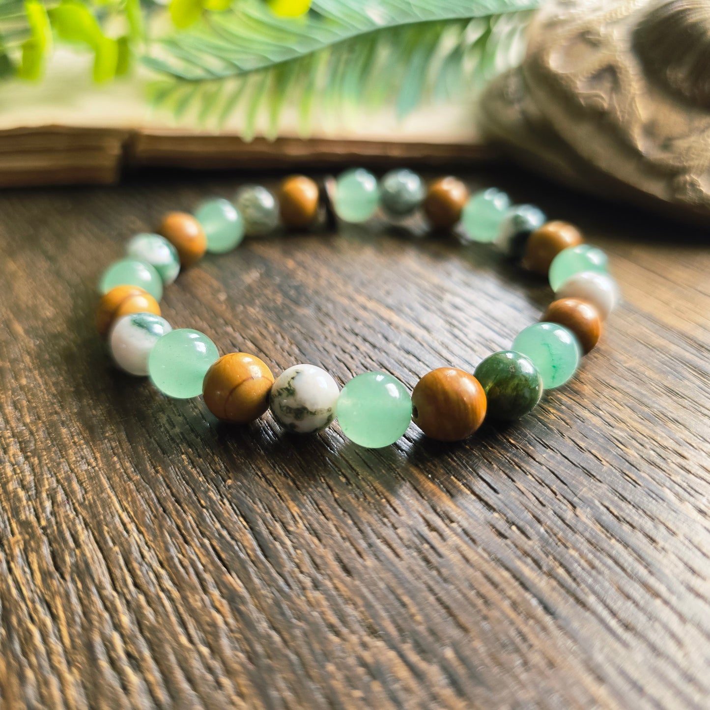 Bracelet Terre - Ancrage profond - Bois fossile, Agate arbre et Aventurine