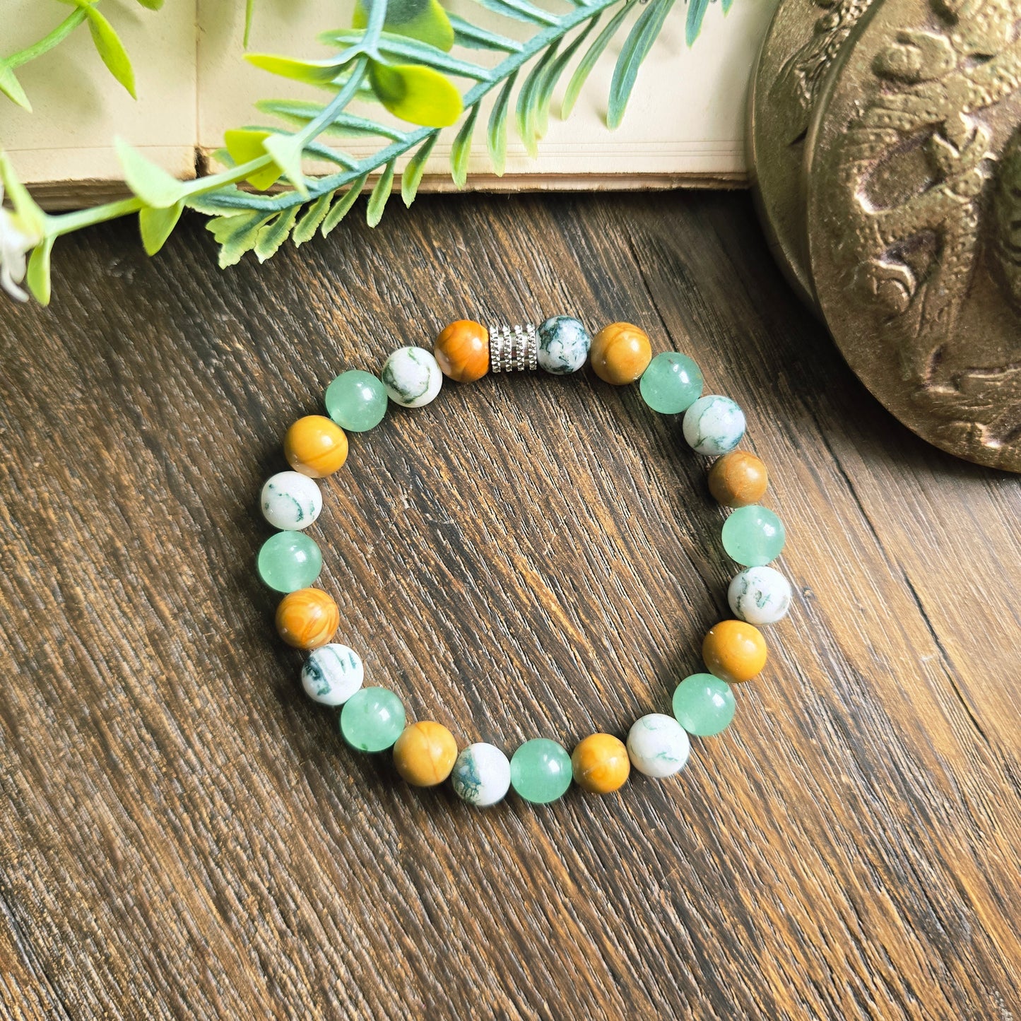 Bracelet Terre - Ancrage profond - Bois fossile, Agate arbre et Aventurine