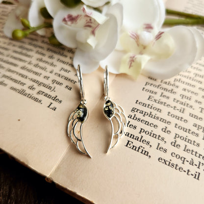 Boucles d'oreilles en Ambre vert - Ailes d'ange - Argent 925