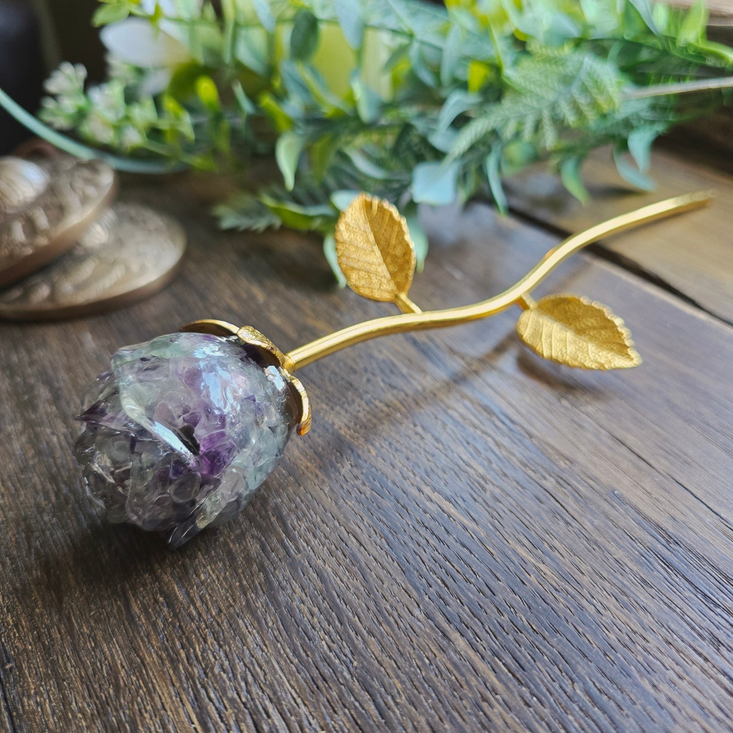 Rose en Fluorite n°1 - tige dorée