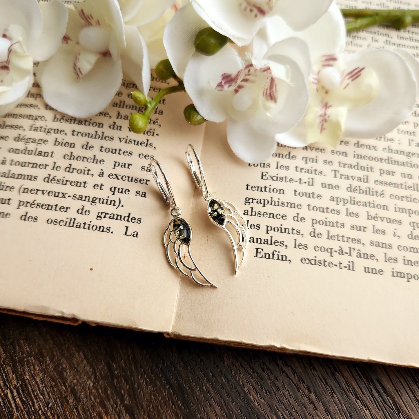 Boucles d'oreilles en Ambre vert - Ailes d'ange - Argent 925