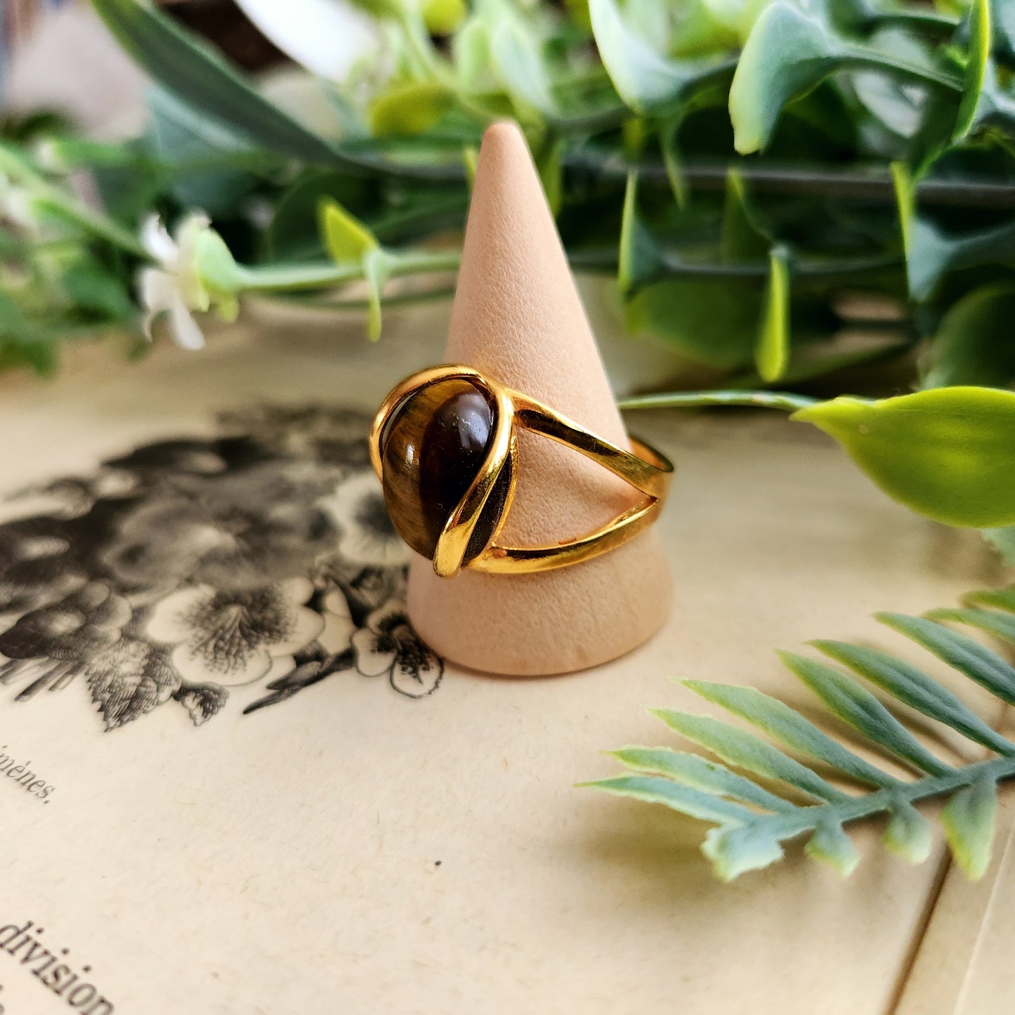 Bague réglable "Dorée" - Œil de tigre - Argent plaqué or 925