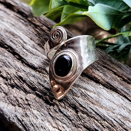 Bague réglable - Obsidienne noire - Argent  925