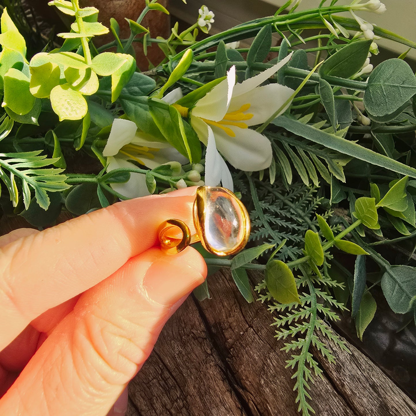 Bague réglable "Dorée" n°1 - Quartz blanc - Argent plaqué or 925