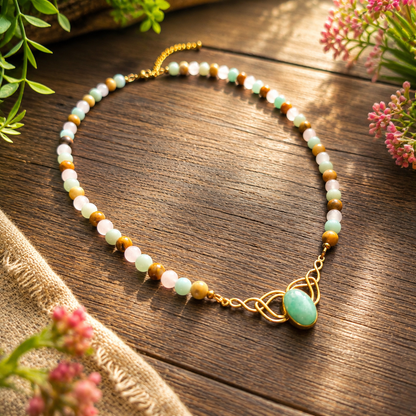 Collier "Valkyria" en Amazonite, Quartz rose et Agate crazy lace